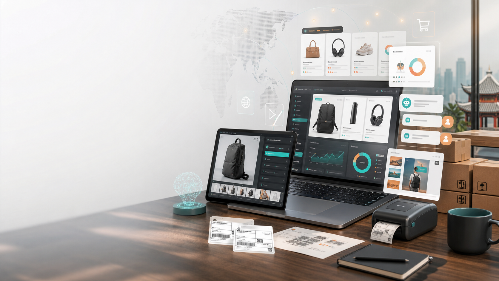 Modern ecommerce AI workflow dashboard with product images, listing tools, analytics, and support automation