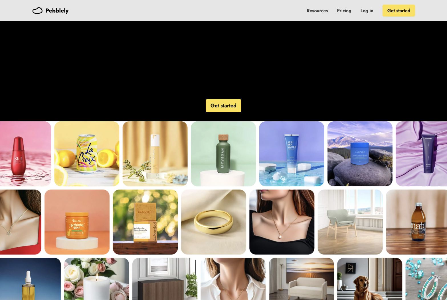 Pebblely official website screenshot showing AI product photography examples